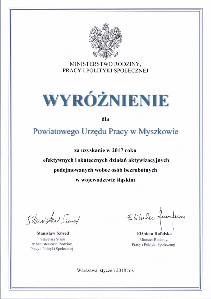 Wyróżnienie dla Powiatowego Urzędu Pracy w Myszkowie